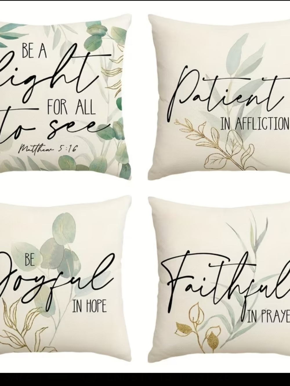 Set of 4 Inspirational Throw Pillow Covers - Neutral Green Leaf Script